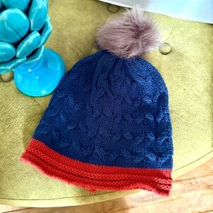 KNIT WOOL HAT NAVY CORAL BEANIE CABLE KNIT CLASSIC SABLE FAUX FUR POM-POM OSFM